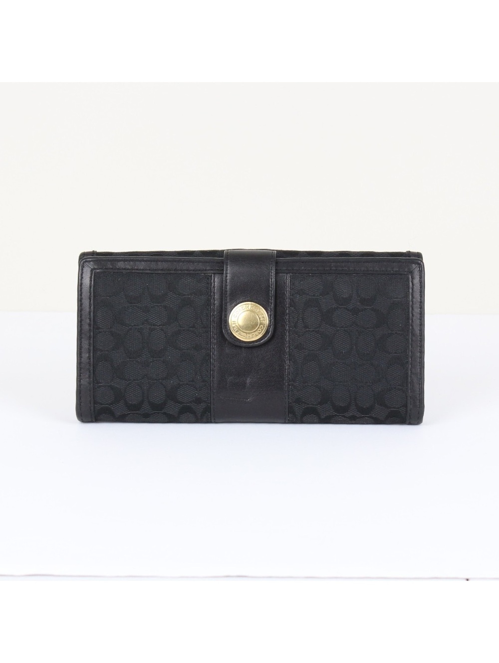 Coach Vintage Black Signature Canvas Leather Trifold Wallet